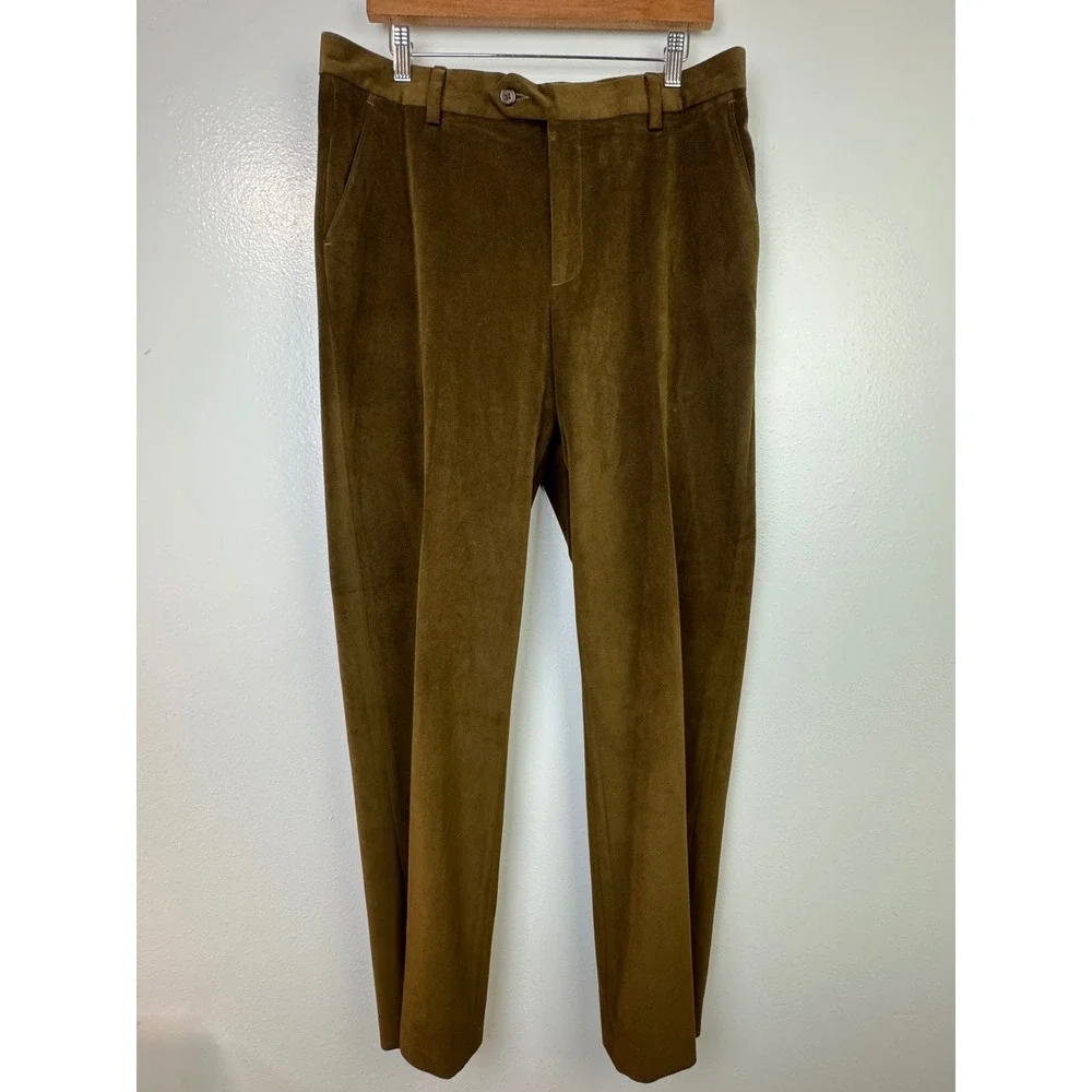 Vintage Barry Bricken Brown Green Soft Faux Corduroy Tailored Trousers 34 x 32